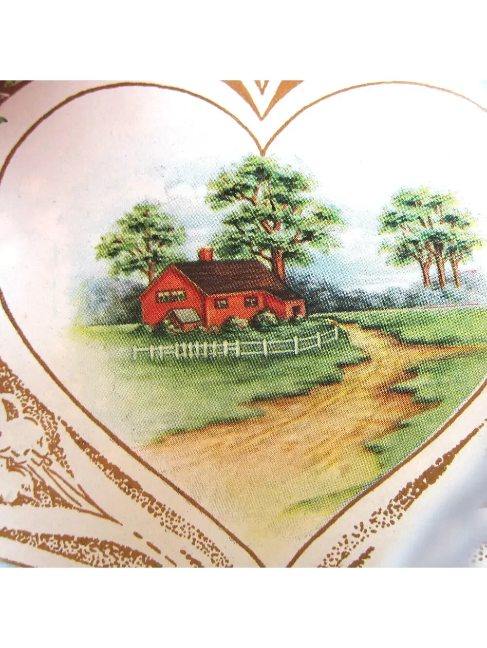 Antique Valentine Die cut Farm House Trees Flowers Cupid Boy Girl Canoe Embossed